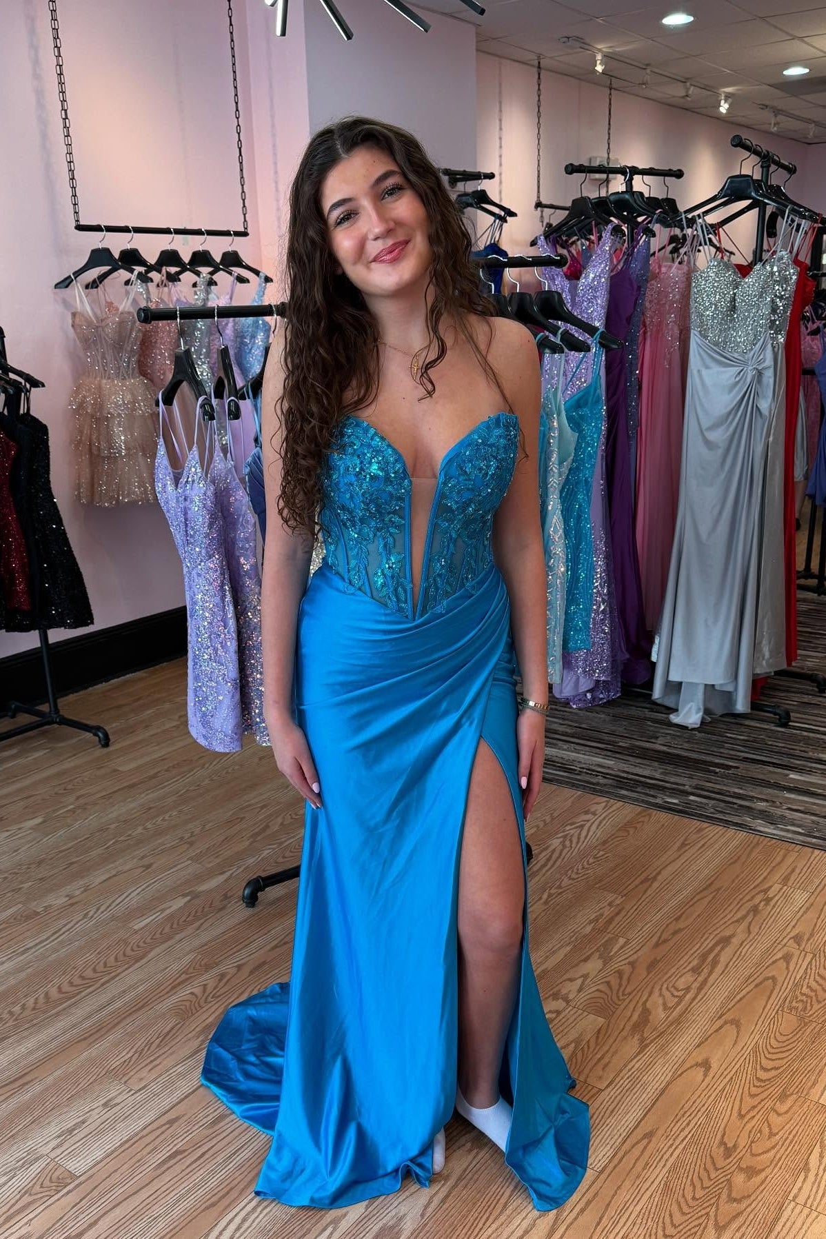 Plunge Neck Blue Sequin Appliques Mermaid Long Dress