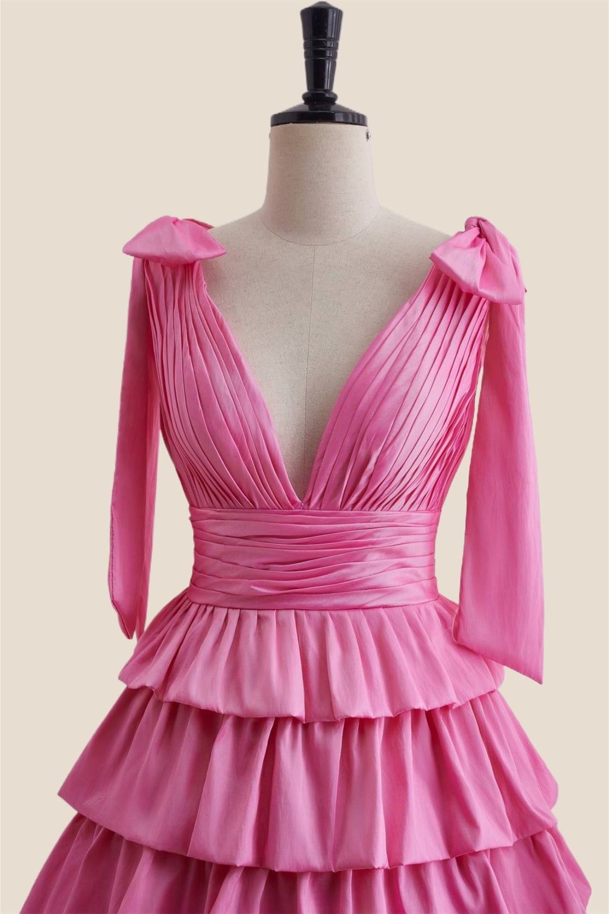 Plunge Neck Hot Pink Layered Ruched Short Dress