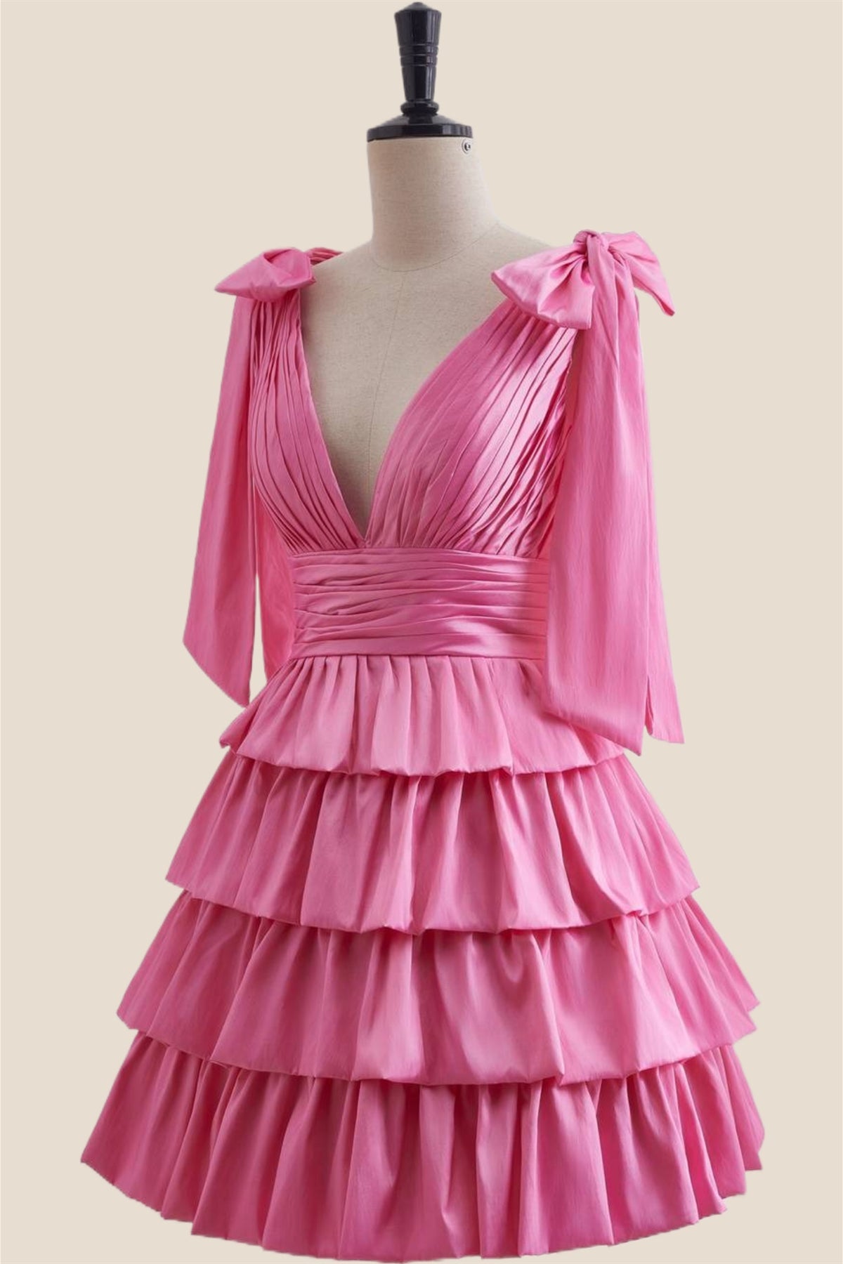 Plunge Neck Hot Pink Layered Ruched Short Dress