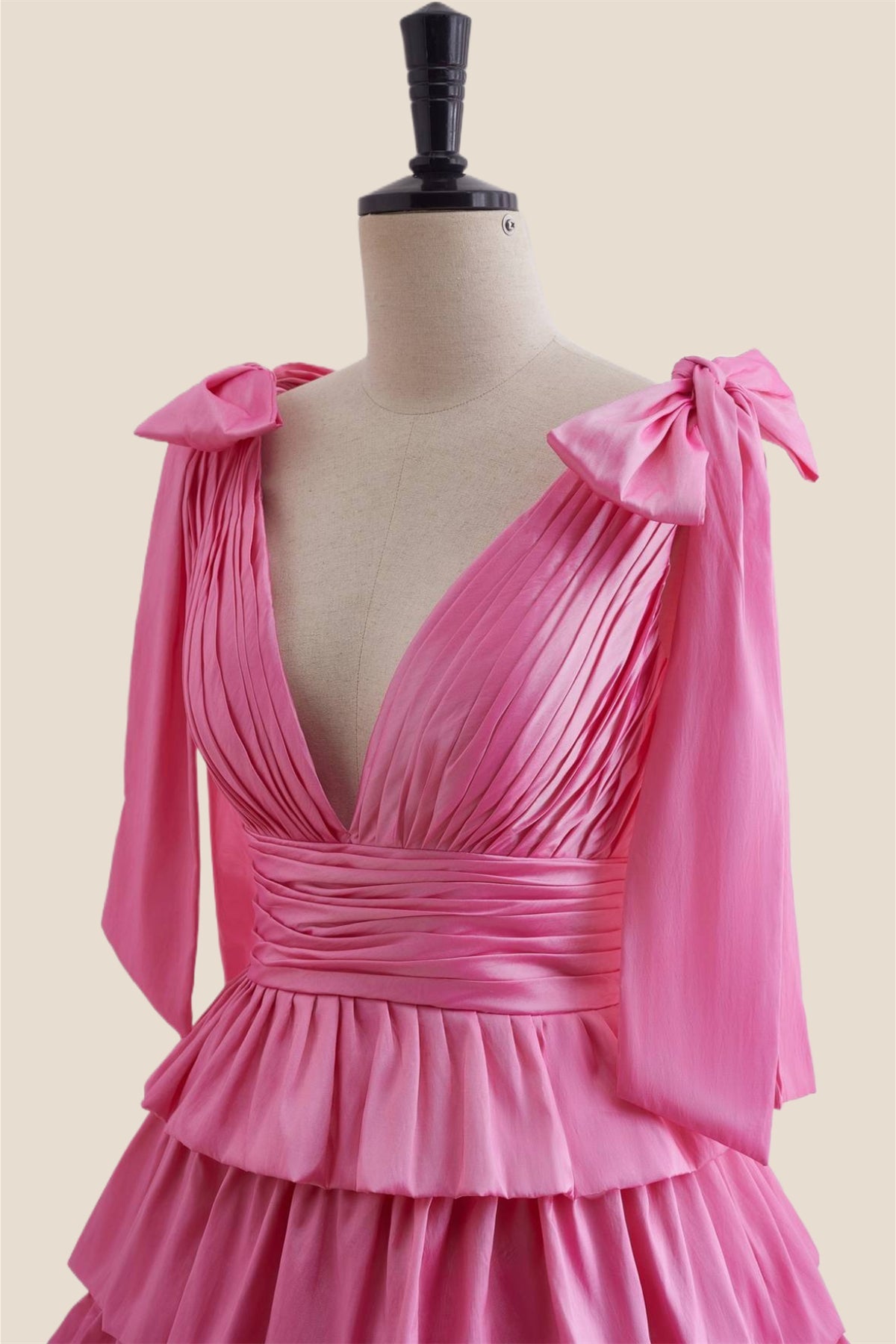 Plunge Neck Hot Pink Layered Ruched Short Dress