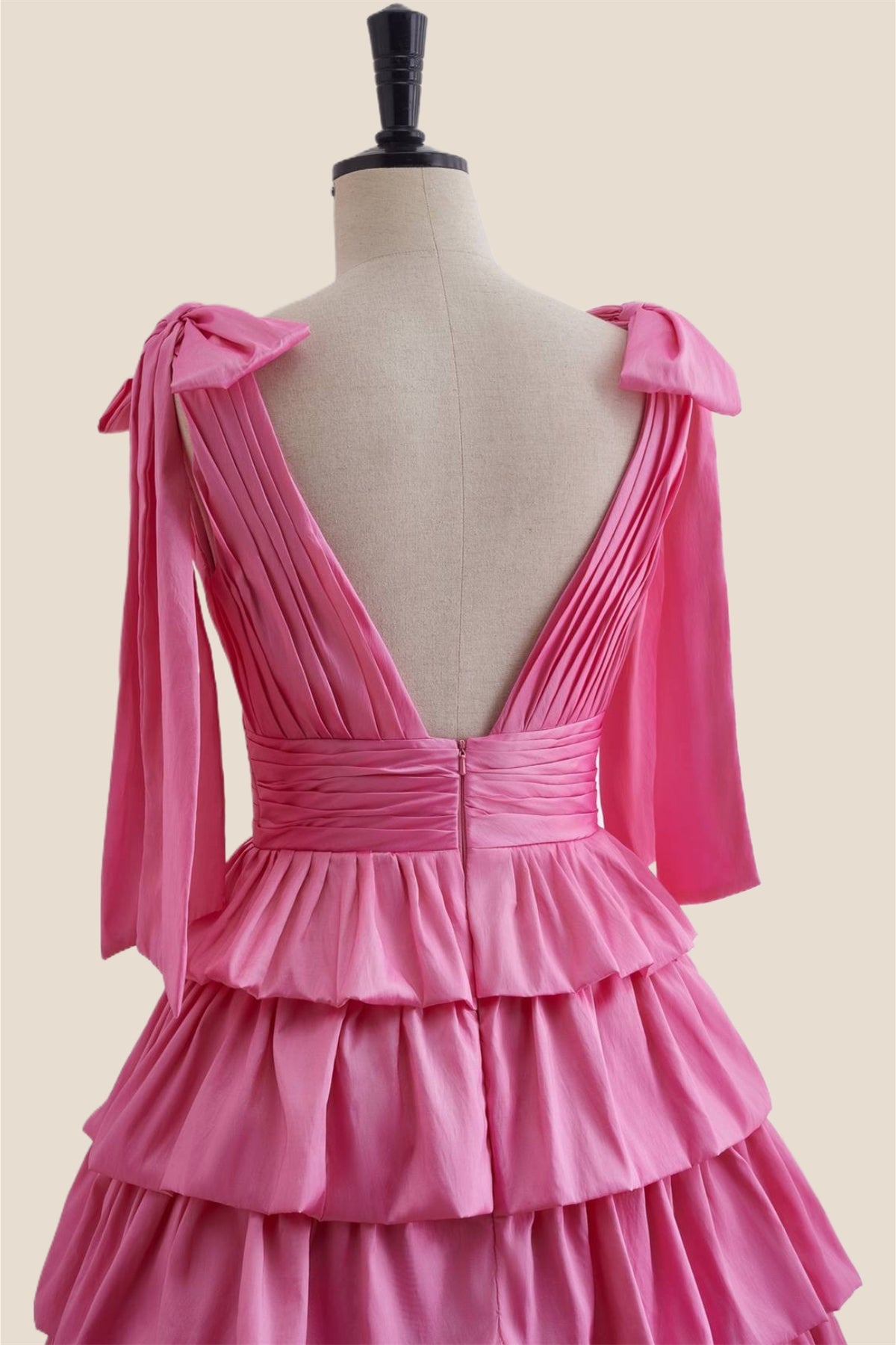 Plunge Neck Hot Pink Layered Ruched Short Dress