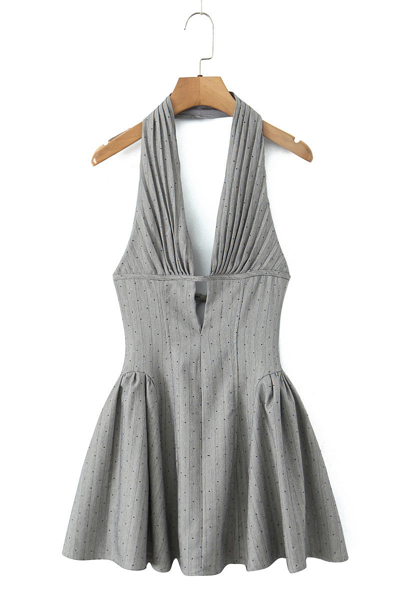 white christmas dresses Plunge Neck Grey Polka Dots A-line Short Dress – PollyBoutique