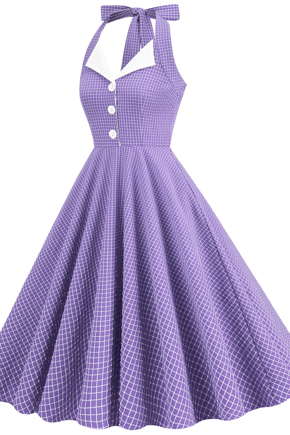 Purple 1950s Plaid Halter Vintage Dress With Pockets