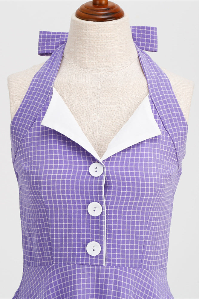 Purple 1950s Plaid Halter Vintage Dress With Pockets