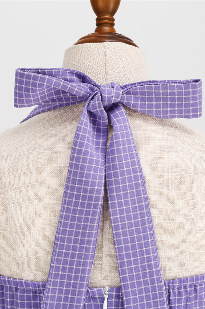 Purple 1950s Plaid Halter Vintage Dress With Pockets