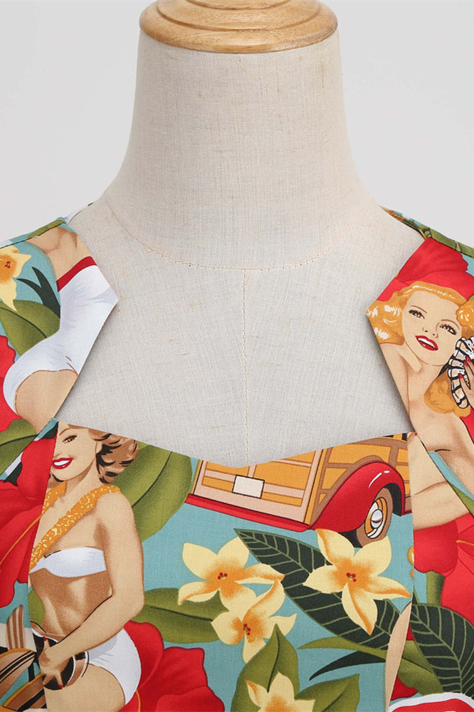 Red 1950s Court Print Big Swing Dress