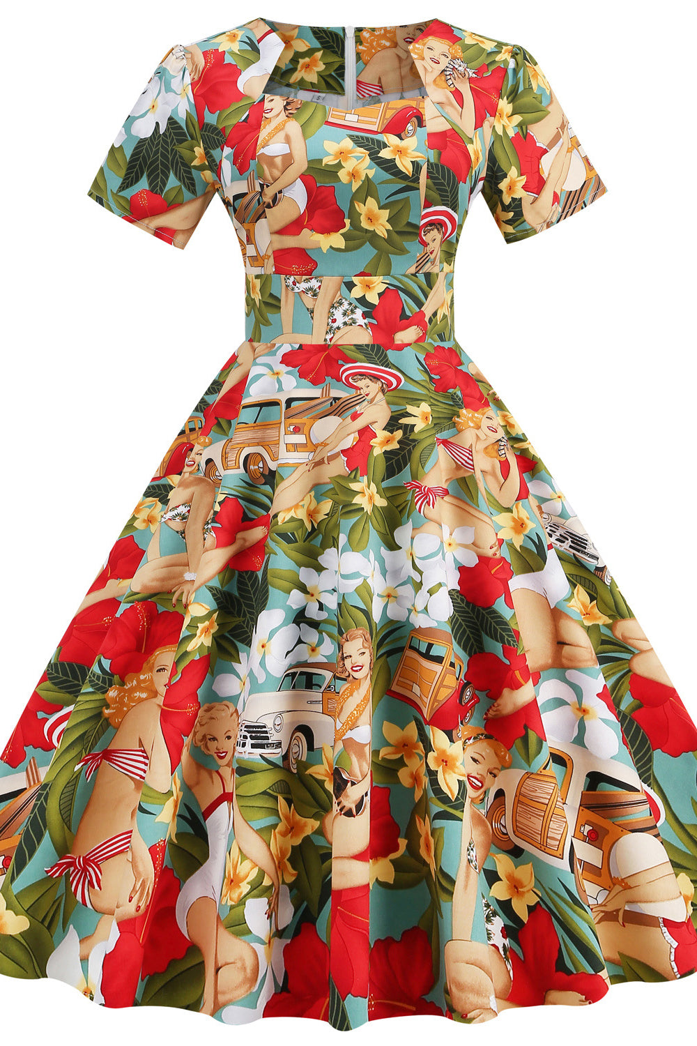 Red 1950s Court Print Big Swing Dress