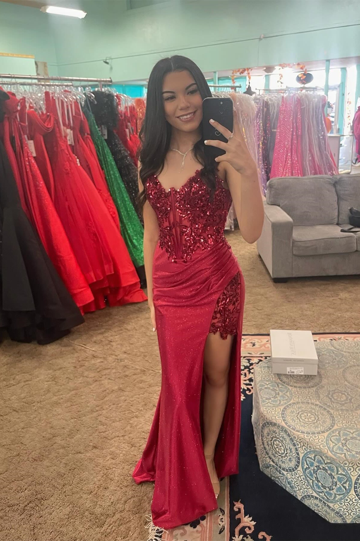 Square Neck Ruched Mermaid Dress With Slit Red
