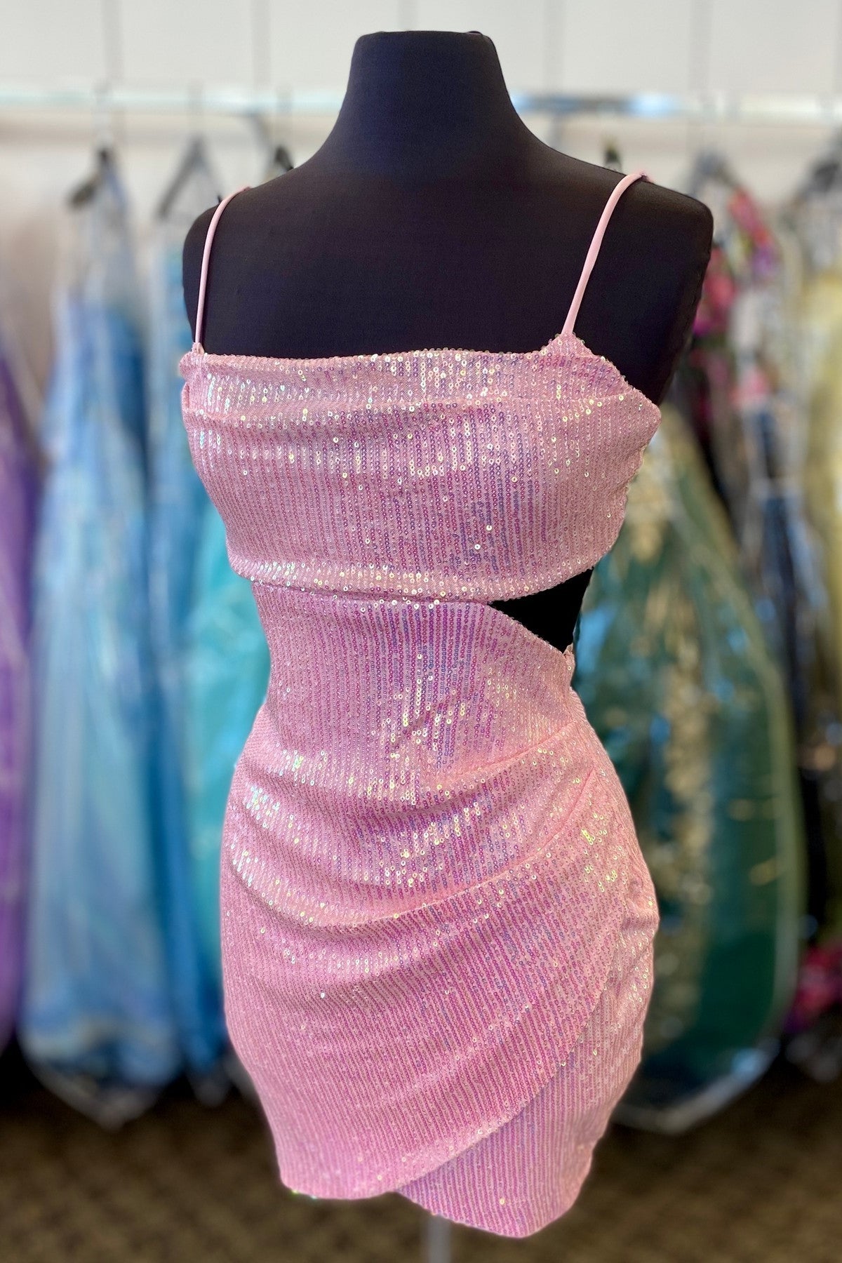 strapless open back dress Ruched Pink Sequin Tight Short Dress – PollyBoutique