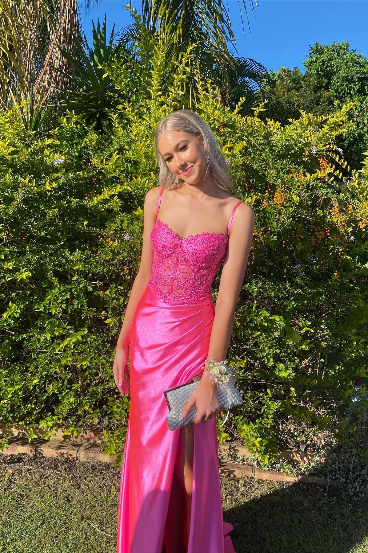 Ruched Hot Pink Lace Appliques Long Formal Dress PollyBoutique Ruched Hot Pink Lace Appliques Long Formal Dress PollyBoutique