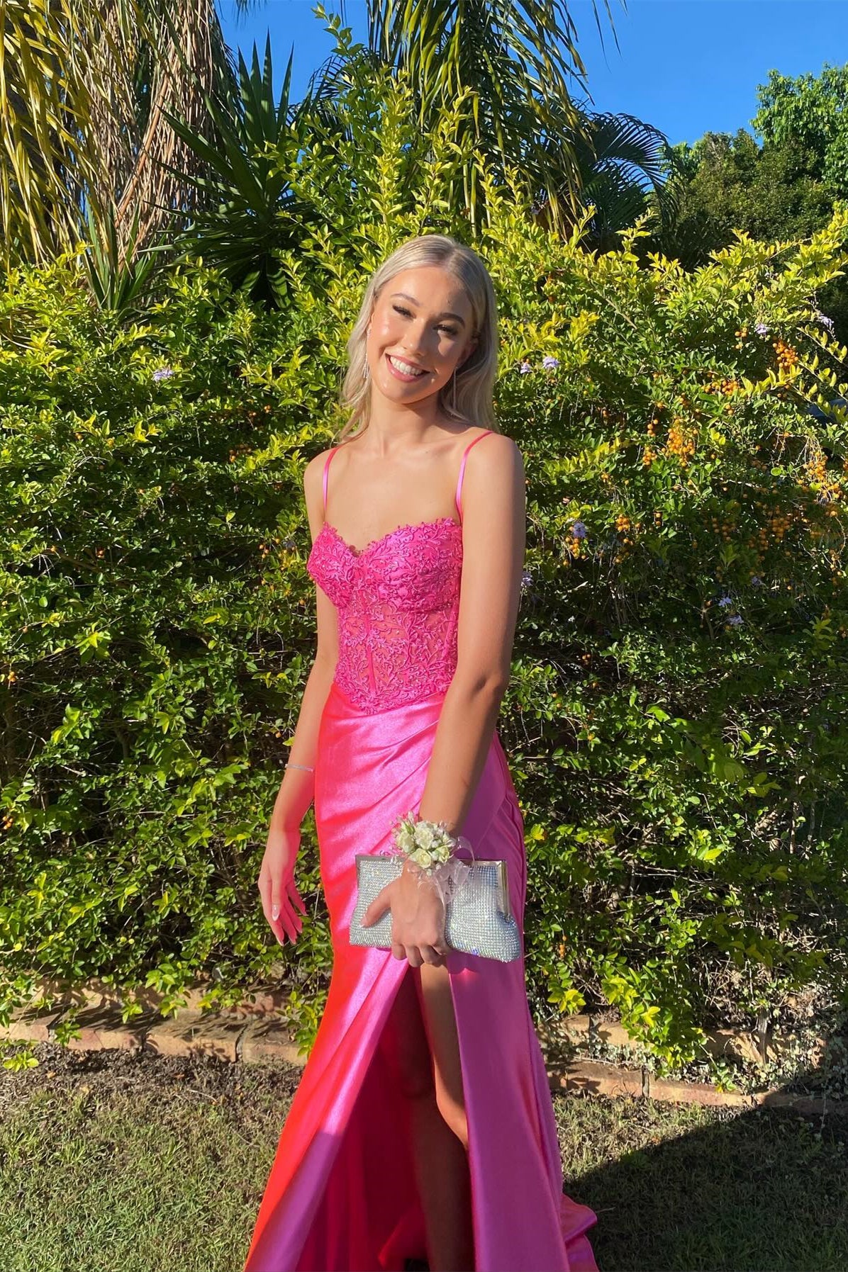 Ruched Hot Pink Lace Appliques Long Formal Dress  PollyBoutique