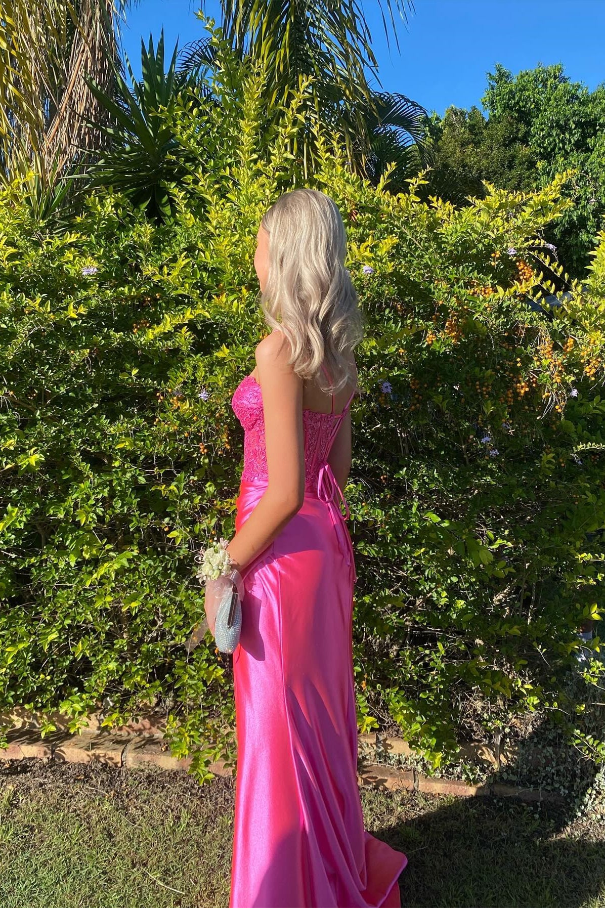 Ruched Hot Pink Lace Appliques Long Formal Dress PollyBoutique Ruched Hot Pink Lace Appliques Long Formal Dress PollyBoutique
