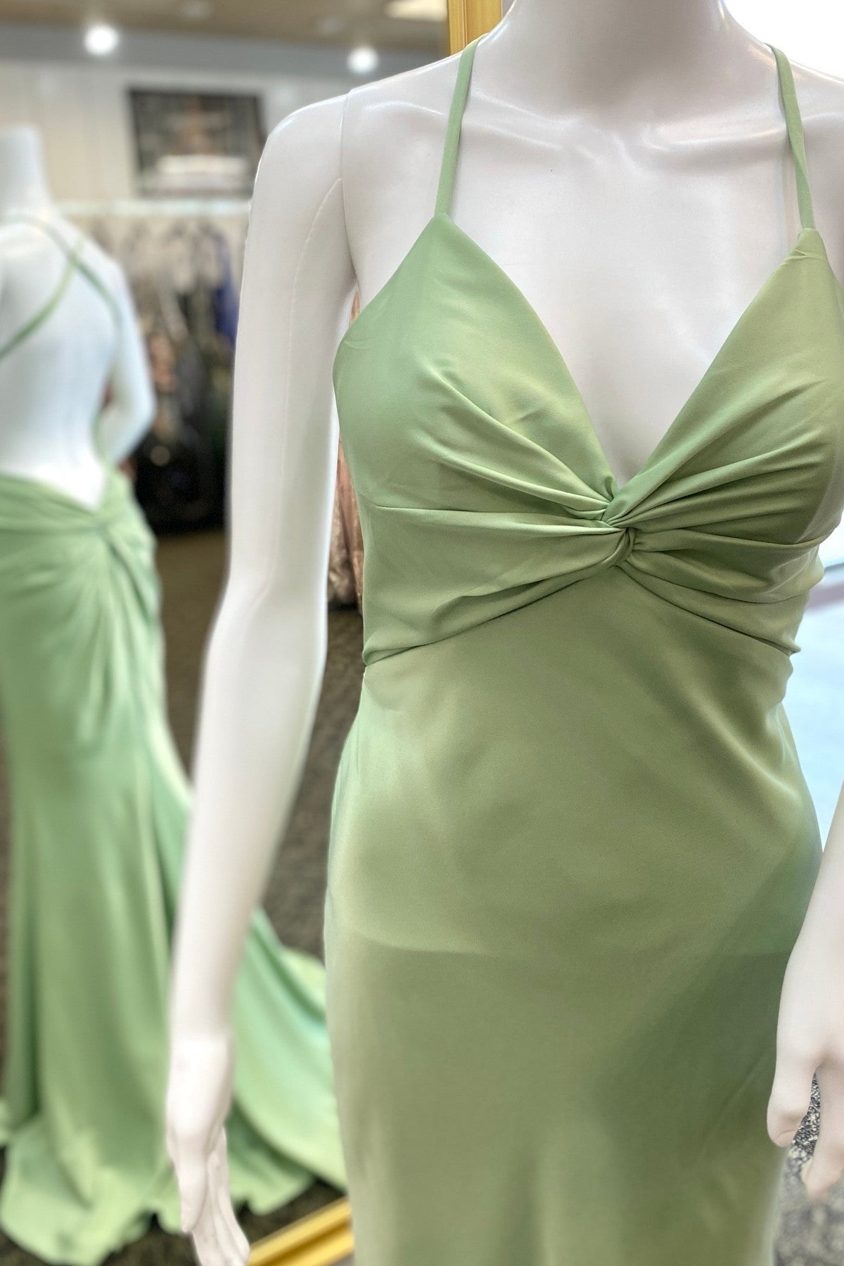 Sage Green V Neck Fitted Long Prom Dress main image 1