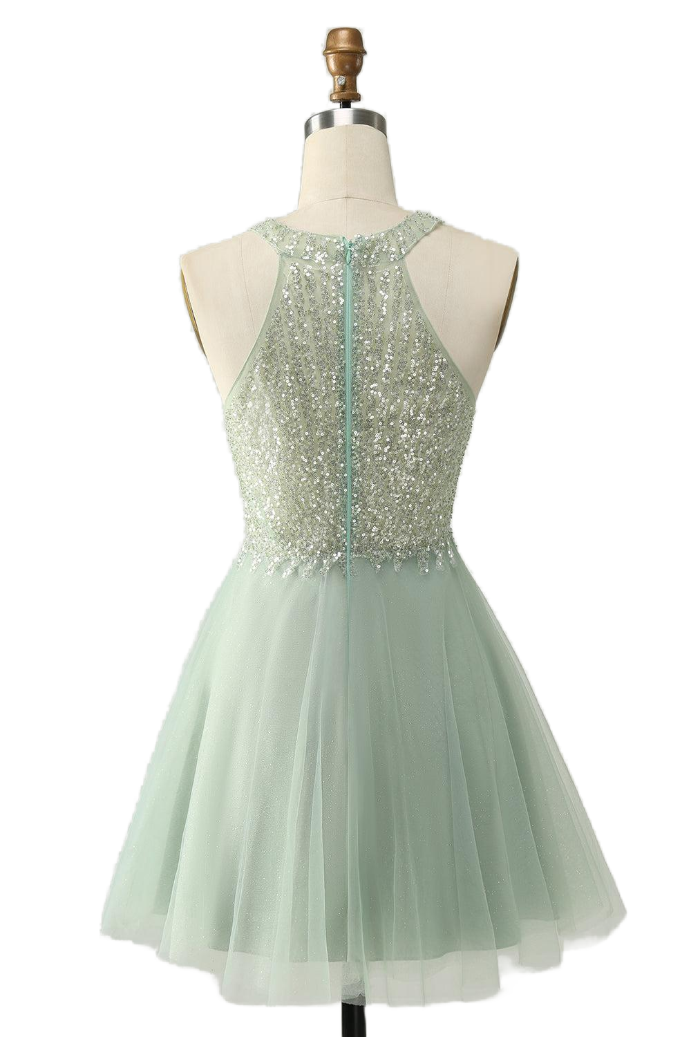 Sage Green Sequin A-line Short Homecoming Dress – PollyBoutique