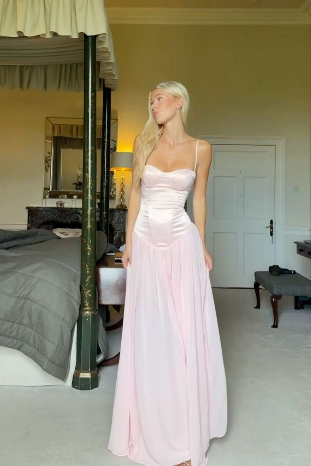 Spaghetti Straps Light Pink Ruched A-line Maxi Dress PollyBoutique Spaghetti Straps Light Pink Ruched A-line Maxi Dress PollyBoutique
