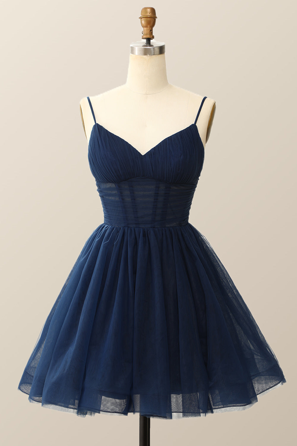 formal floral dresses with sleeves Spaghetti Straps Navy Blue Short Tulle Dress – PollyBoutique