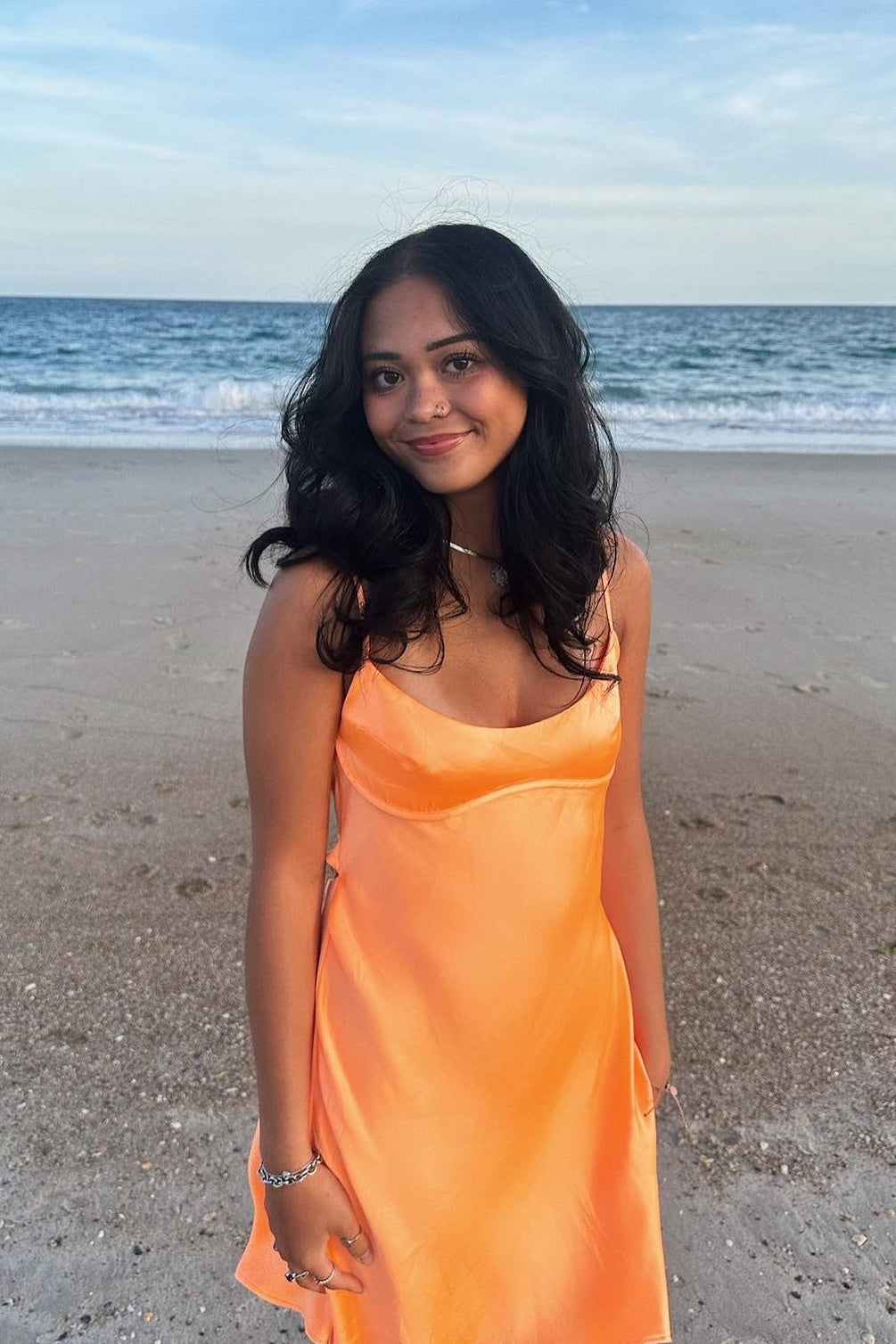 Spaghetti Straps Orange A-line Satin Short Dress