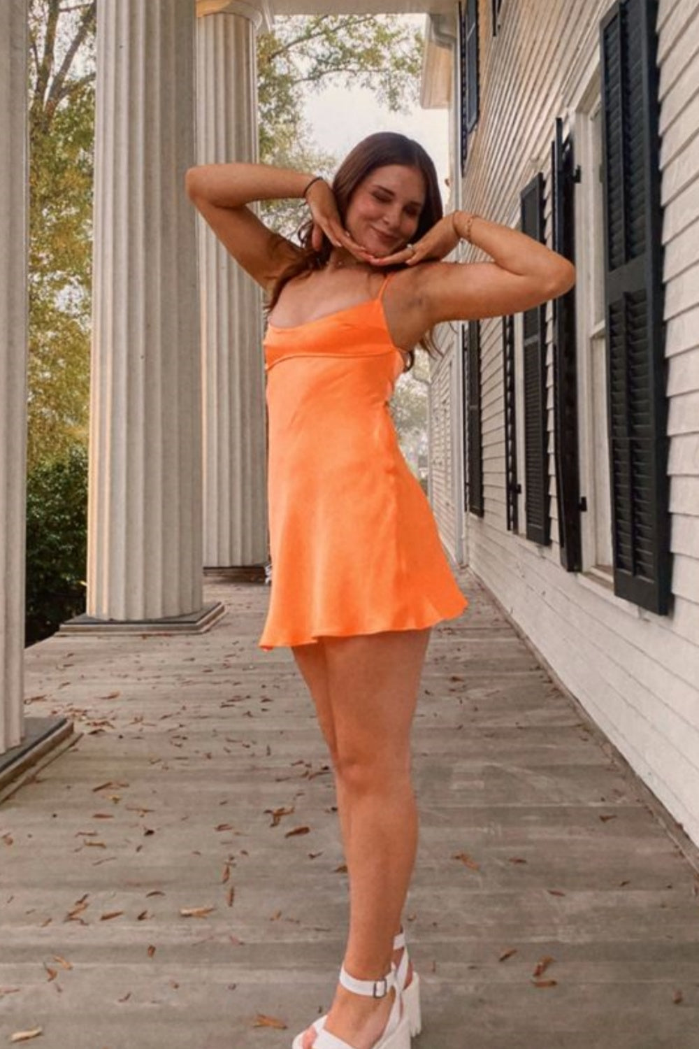 Spaghetti Straps Orange A-line Satin Short Dress