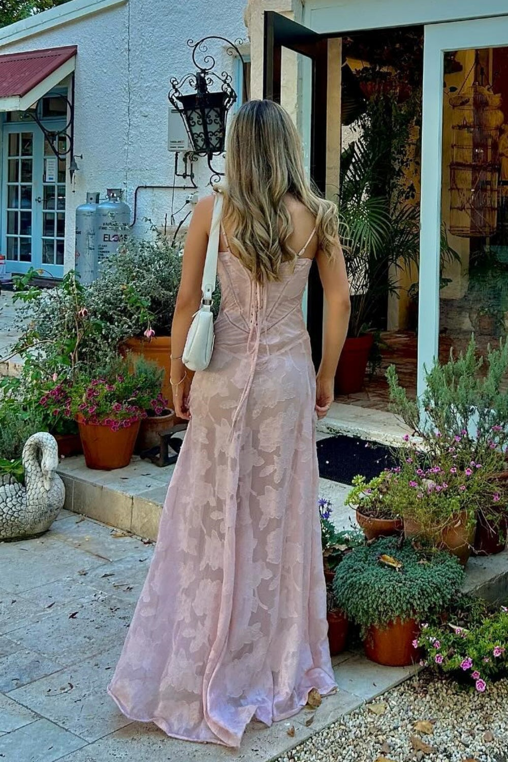 Spaghetti Straps Pink Sheer Lace Long Dress  PollyBoutique