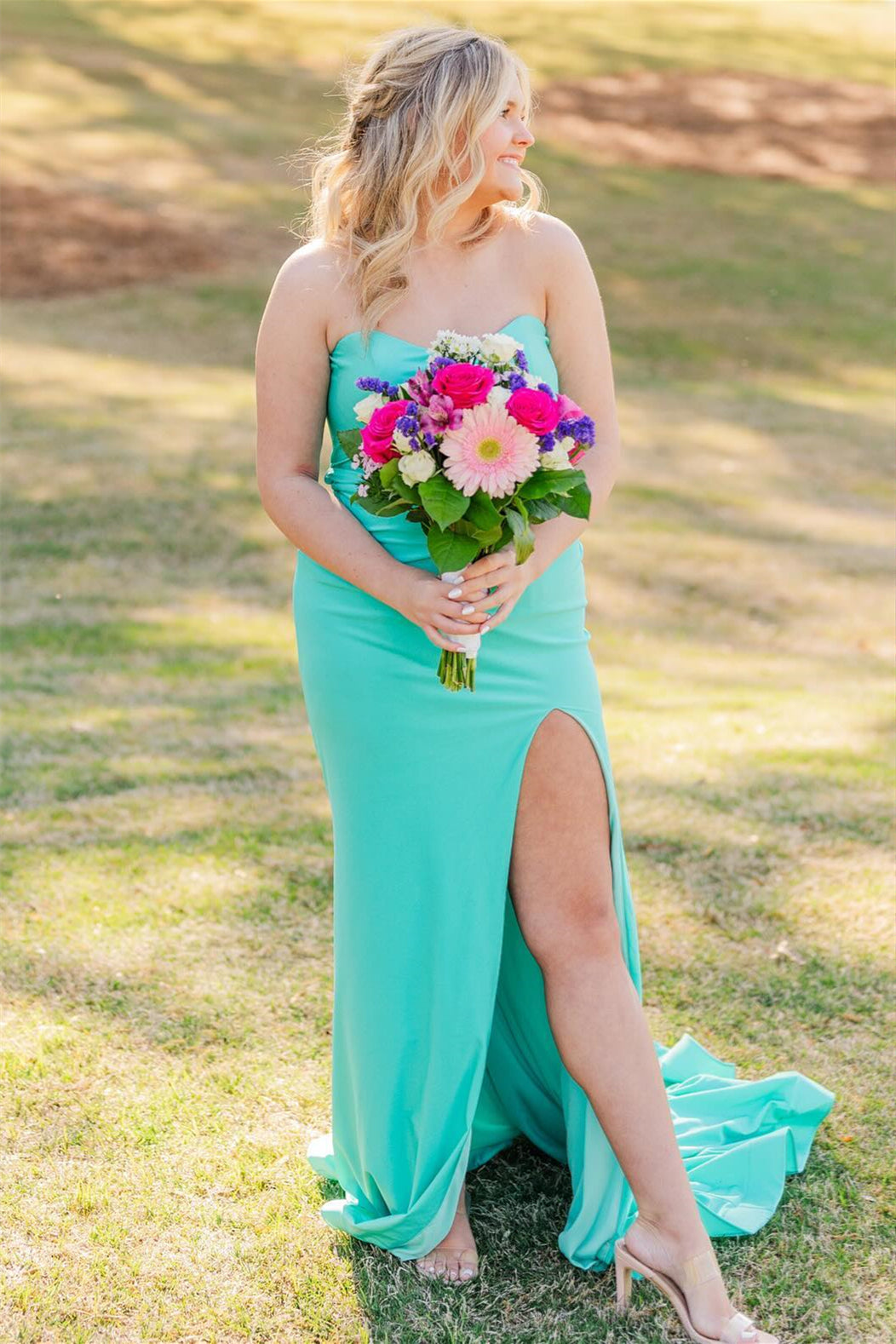 Strapless Aqua Mermaid Long Dress with Slit – PollyBoutique