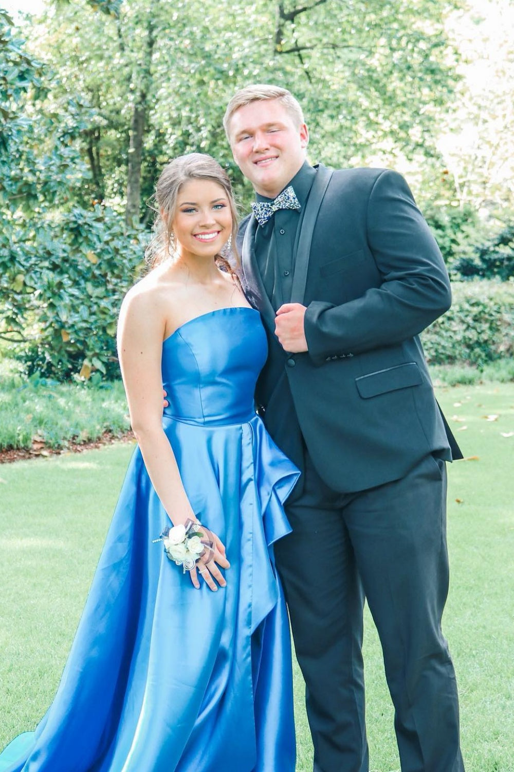 Strapless Blue A-line Satin Long Dress with Slit