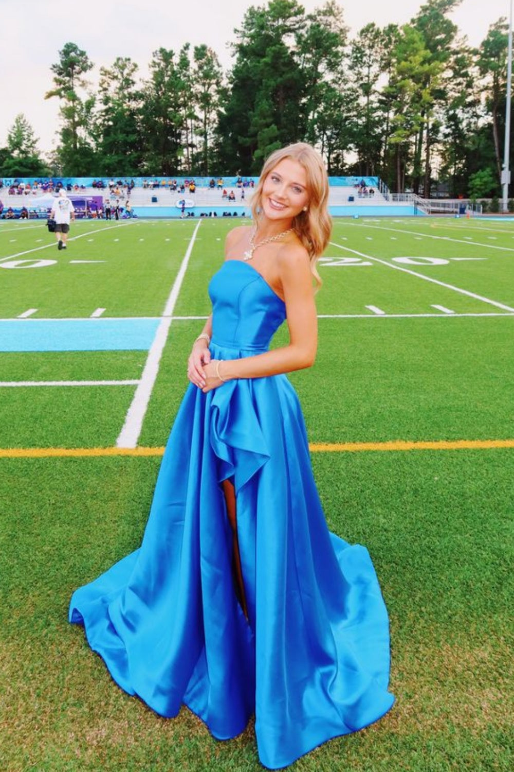 Strapless Blue A-line Satin Long Dress with Slit