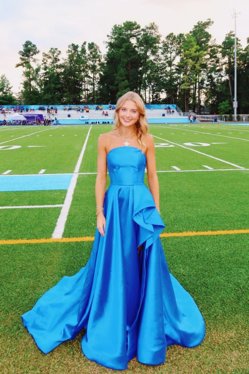 Strapless Blue A-line Satin Long Dress with Slit