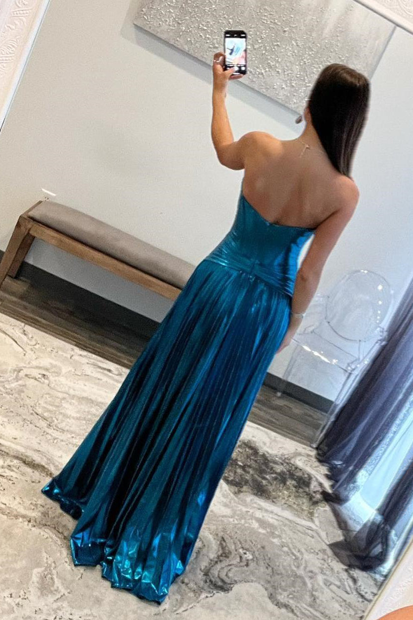Strapless Blue Metallic Twist Pleated Long Dress PollyBoutique Strapless Blue Metallic Twist Pleated Long Dress PollyBoutique