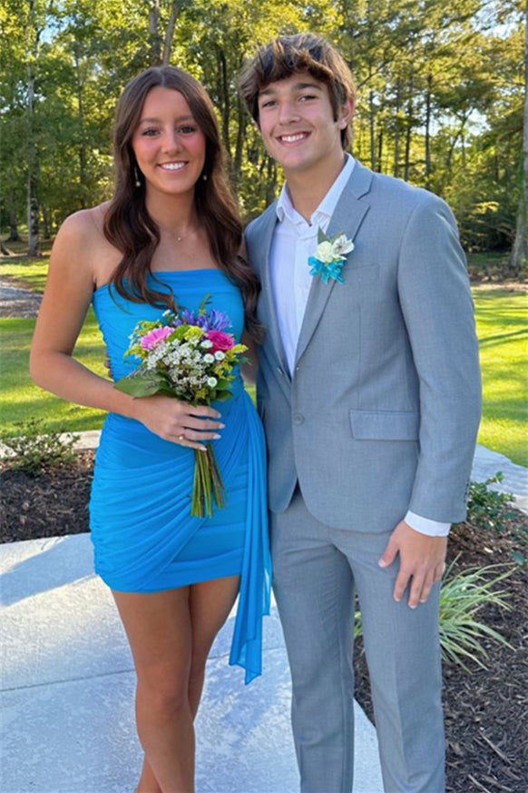 Strapless Blue Ruched Sheath Short Dress PollyBoutique Strapless Blue Ruched Sheath Short Dress PollyBoutique