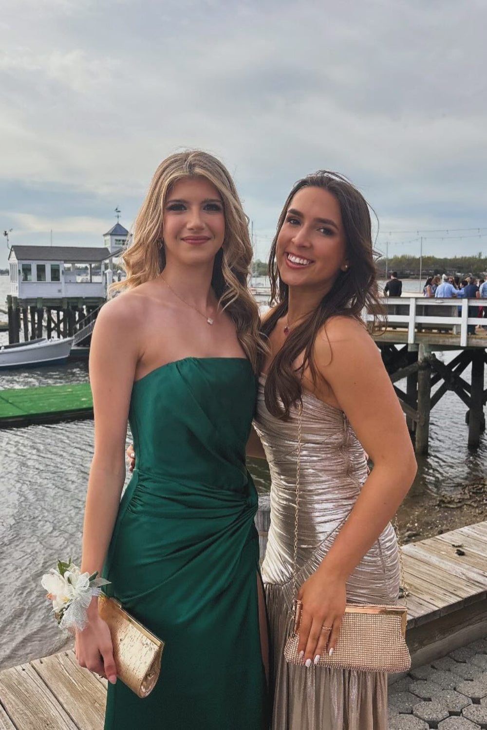 Strapless Emerald Green Twist Column Long Dress with Slit
