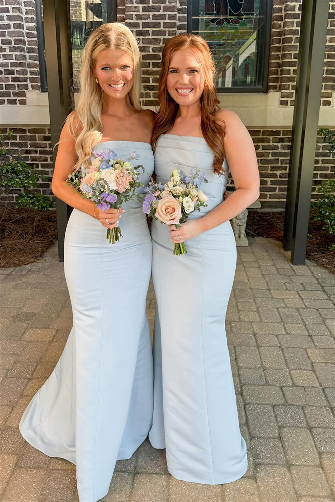 Strapless Ice Blue Pleated Mermaid Bridesmaid Dress