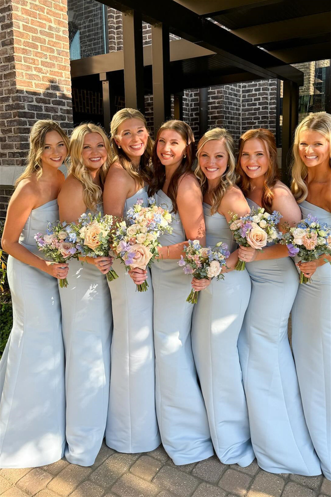 Strapless Ice Blue Pleated Mermaid Bridesmaid Dress