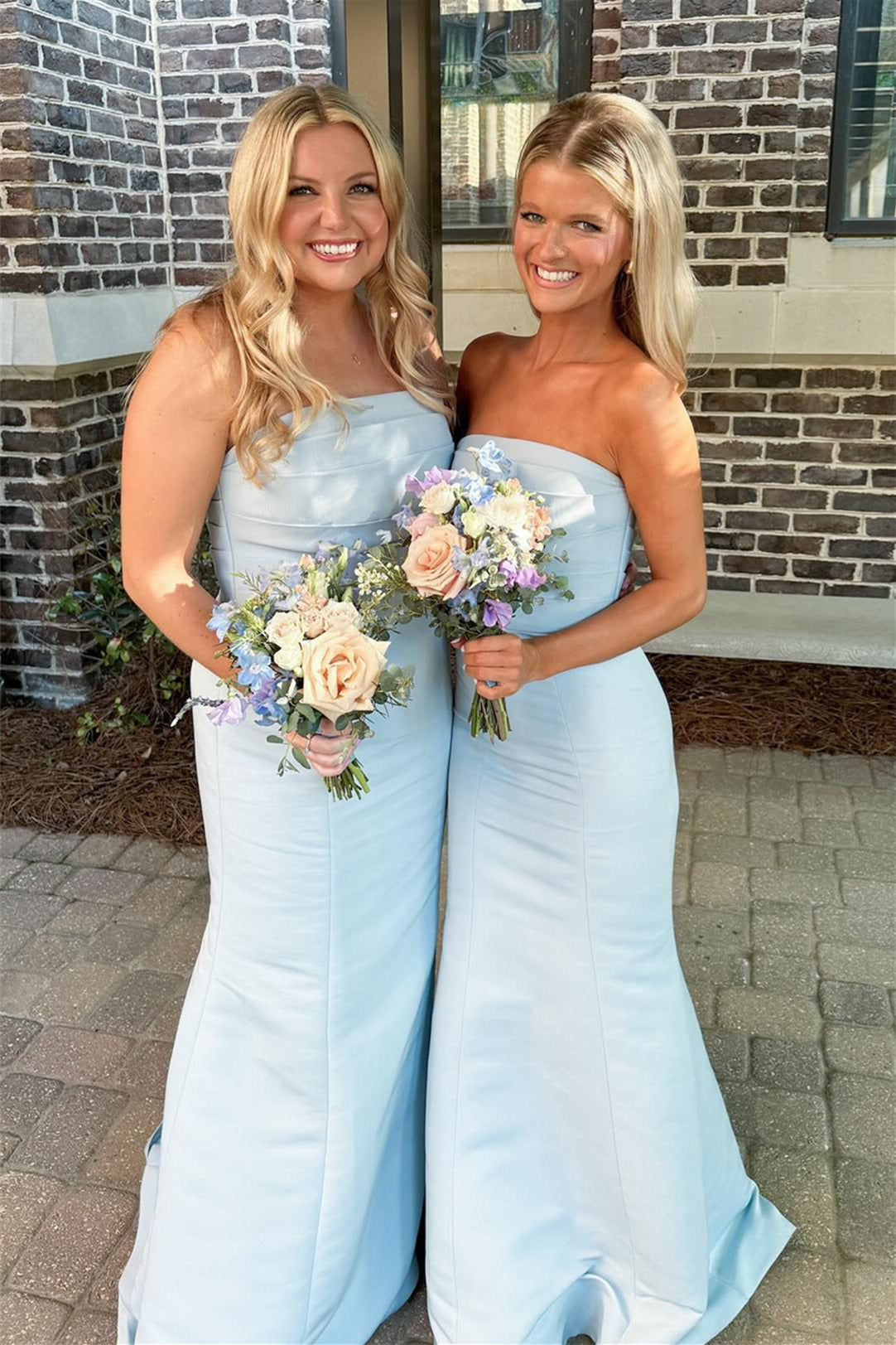 Strapless Ice Blue Pleated Mermaid Bridesmaid Dress