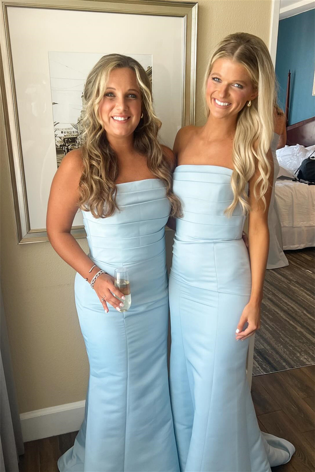 Strapless Ice Blue Pleated Mermaid Bridesmaid Dress