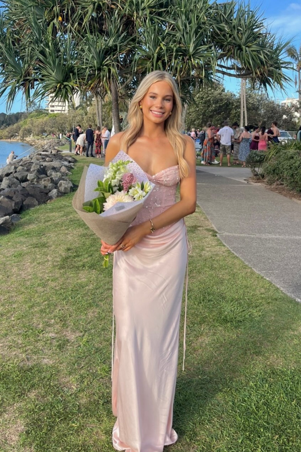Strapless Light Pink Beaded Sheath Long Dress – PollyBoutique