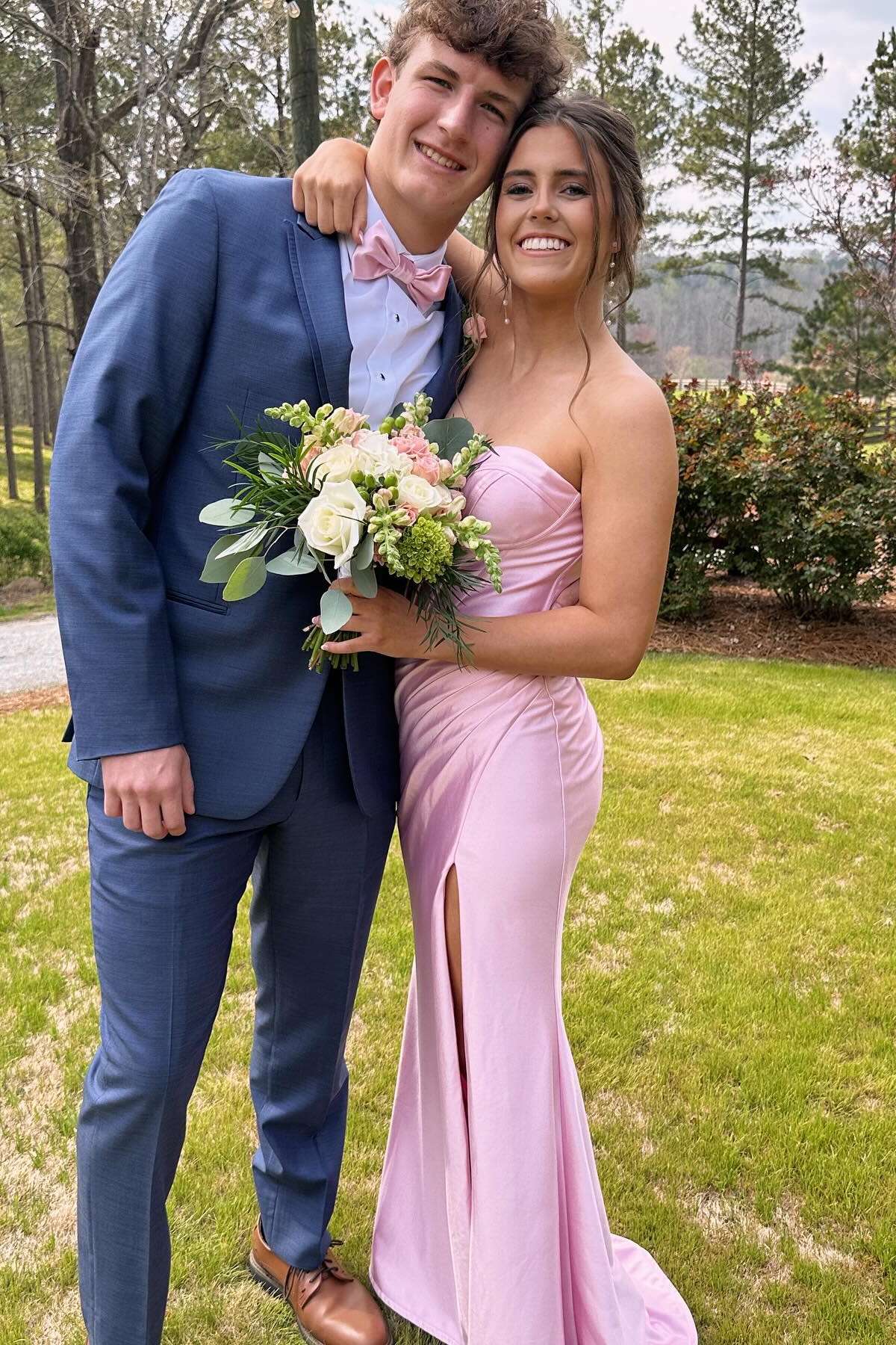 Strapless Light Pink Ruched Long Dress with Slit – PollyBoutique