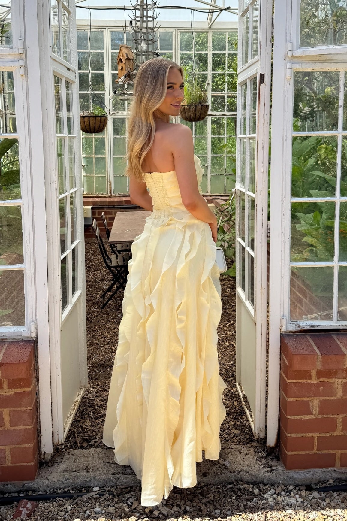 Strapless Light Yellow Ruffled Long Dress with Slit PollyBoutique Strapless Light Yellow Ruffled Long Dress with Slit PollyBoutique