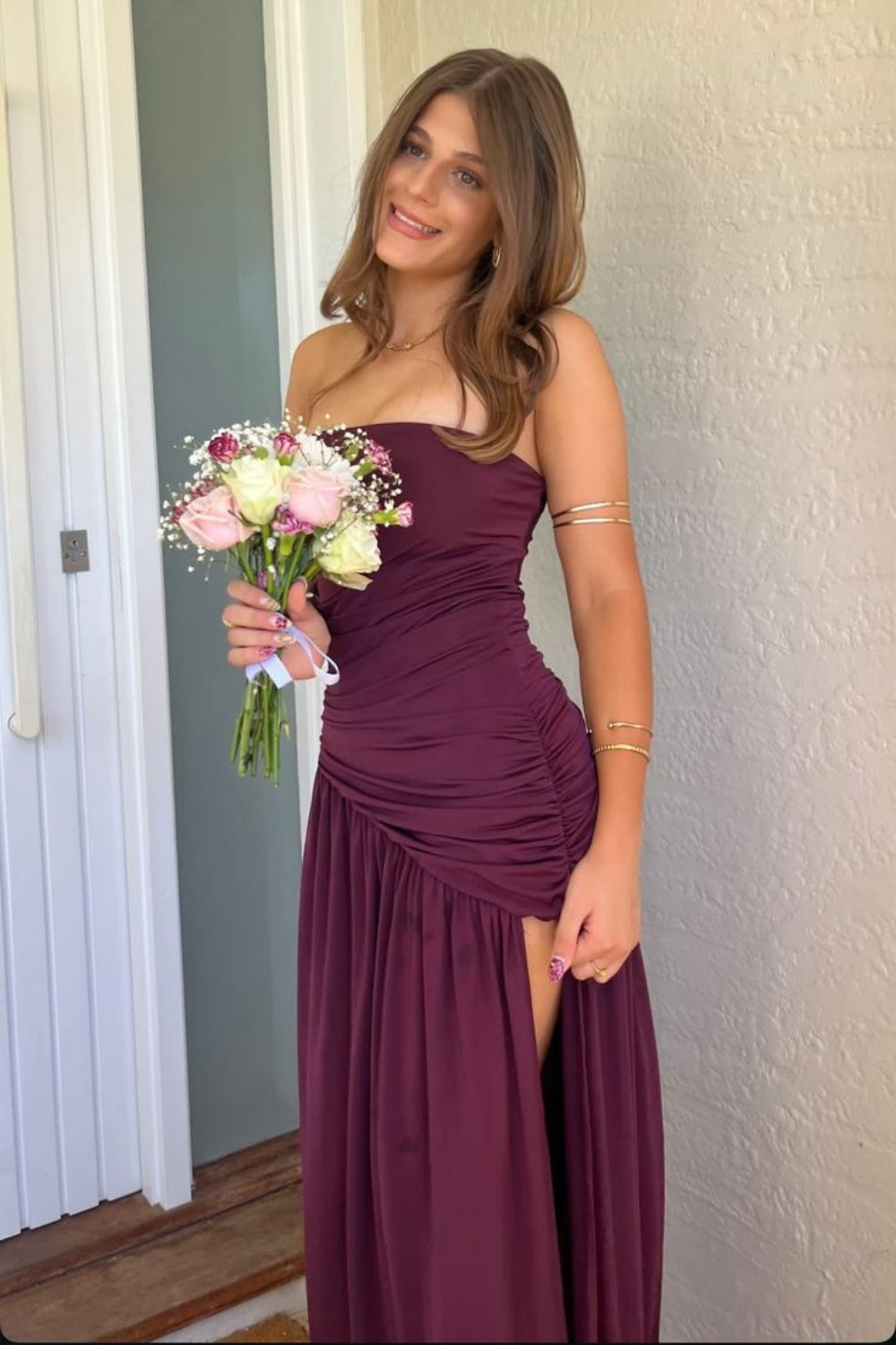 Strapless Mulberry Gathered Maxi Dress with Slit  PollyBoutique