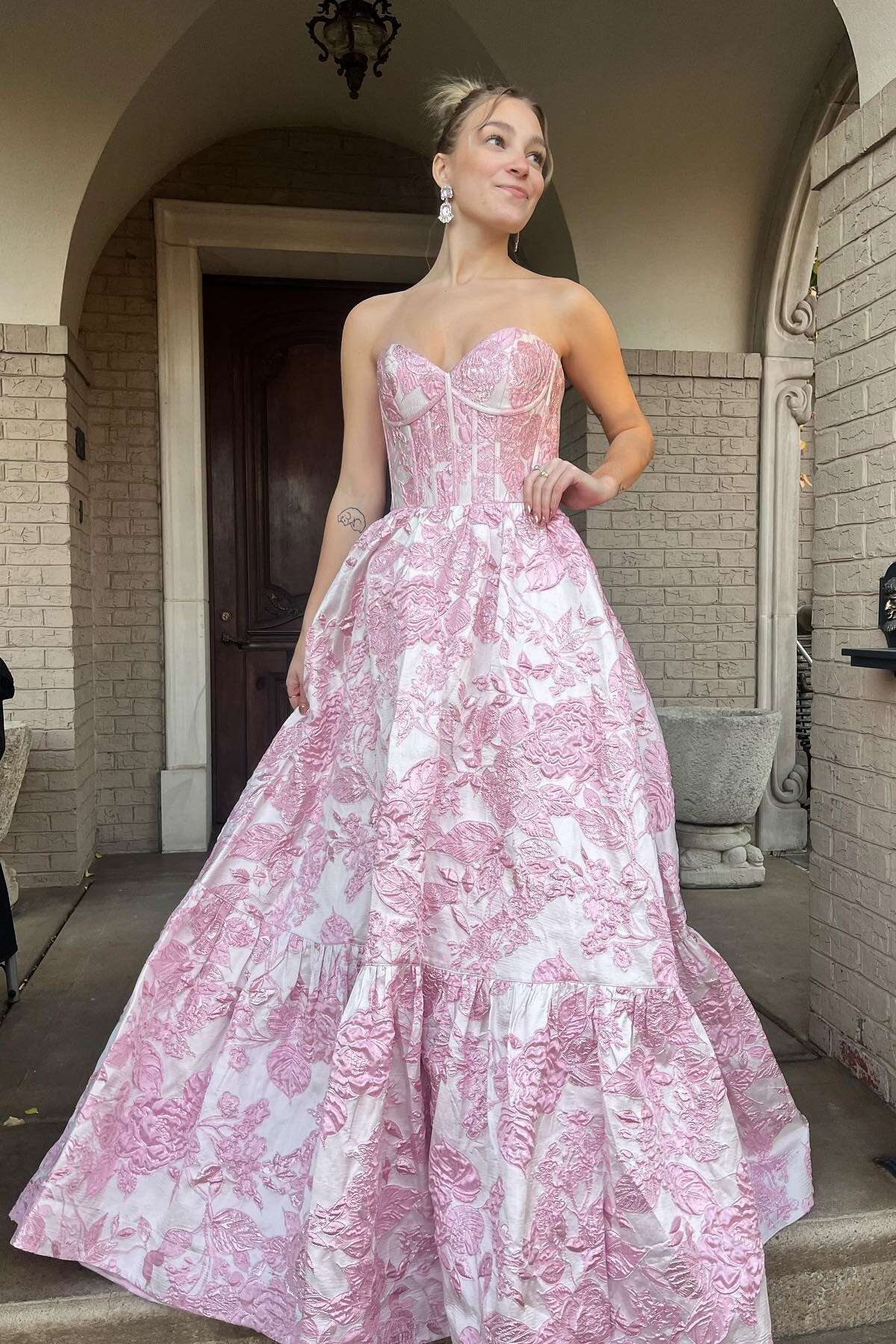 Strapless White and Pink Floral Print Tiered Long Dress