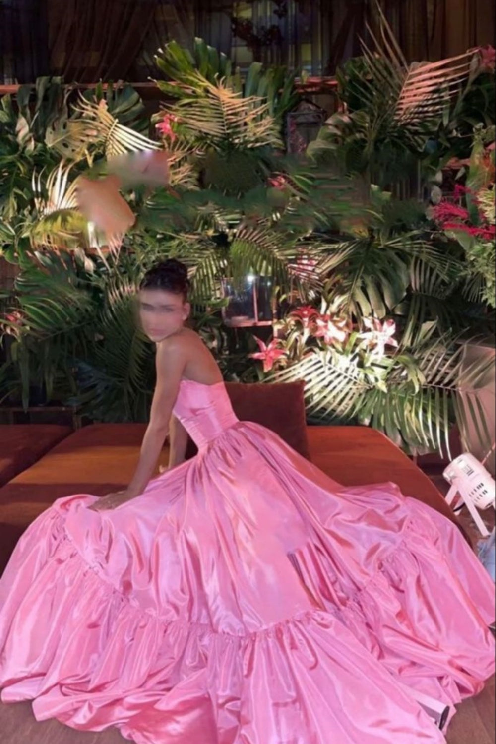 Strapless Pink Ruched A-line Long Dress with Slit – PollyBoutique