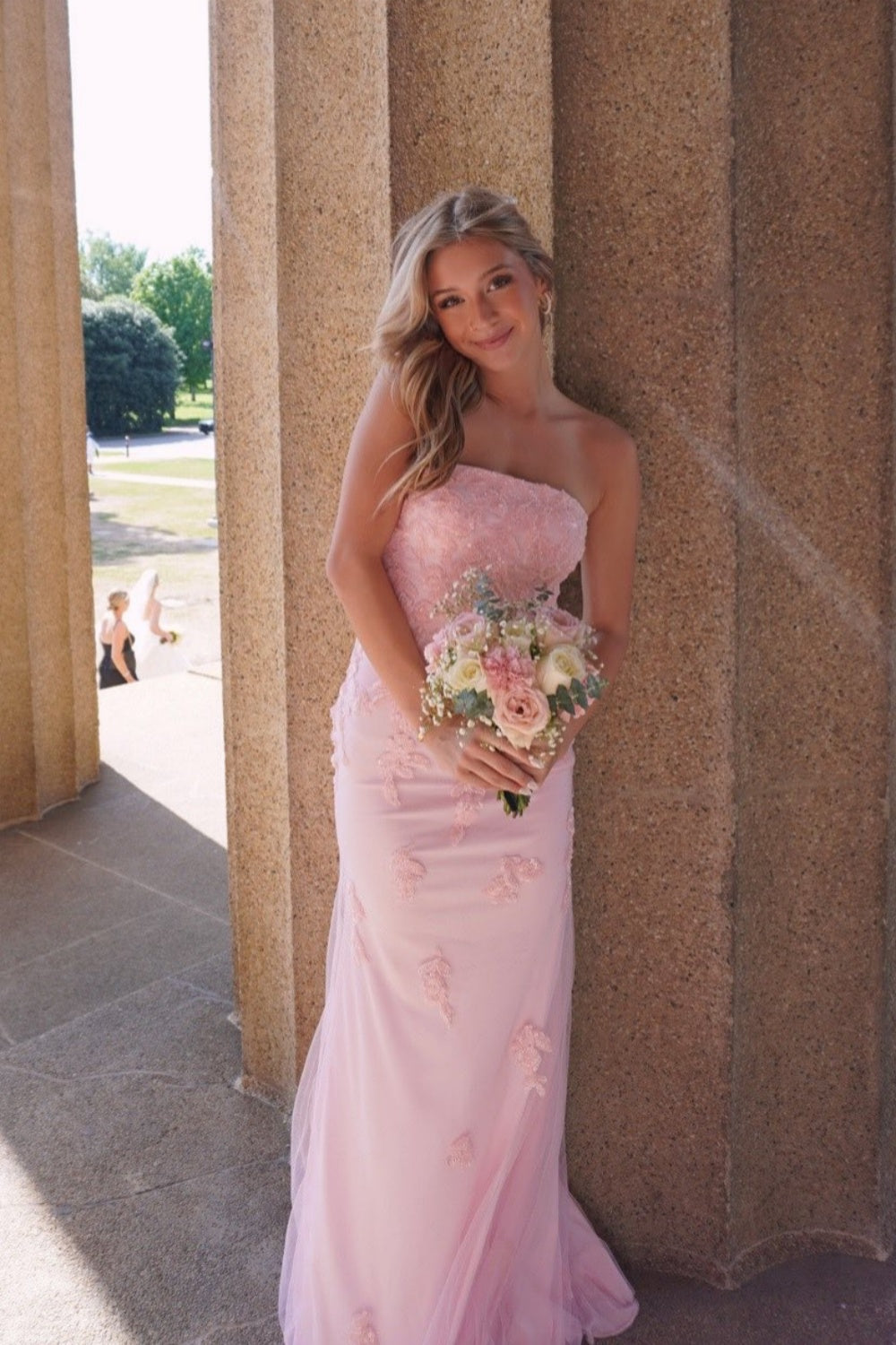 Strapless Pink Sequin Appliques Fitted Long Dress PollyBoutique Strapless Pink Sequin Appliques Fitted Long Dress PollyBoutique