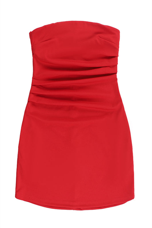 Strapless Red Ruched Short Dress with Pockets – PollyBoutique