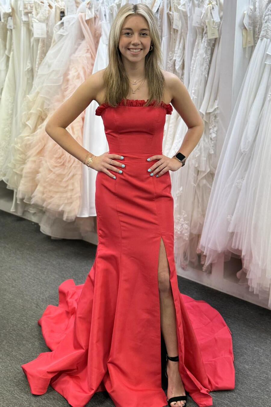 Strapless Red Satin Mermaid Long Dress with Slit – PollyBoutique