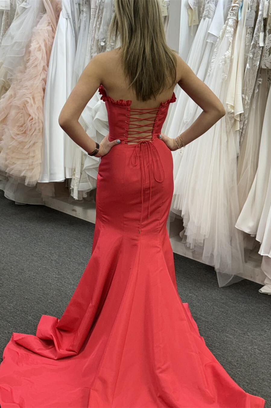 Strapless Red Satin Mermaid Long Dress with Slit PollyBoutique Strapless Red Satin Mermaid Long Dress with Slit PollyBoutique