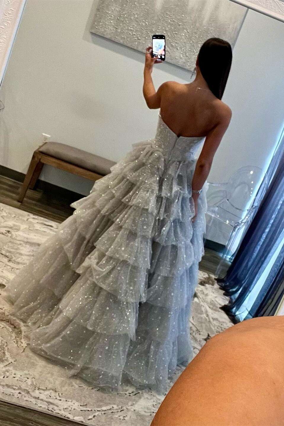 silver tiered dress Off the Shoulder Grey Sparkly Tiered Prom Dress with Slit