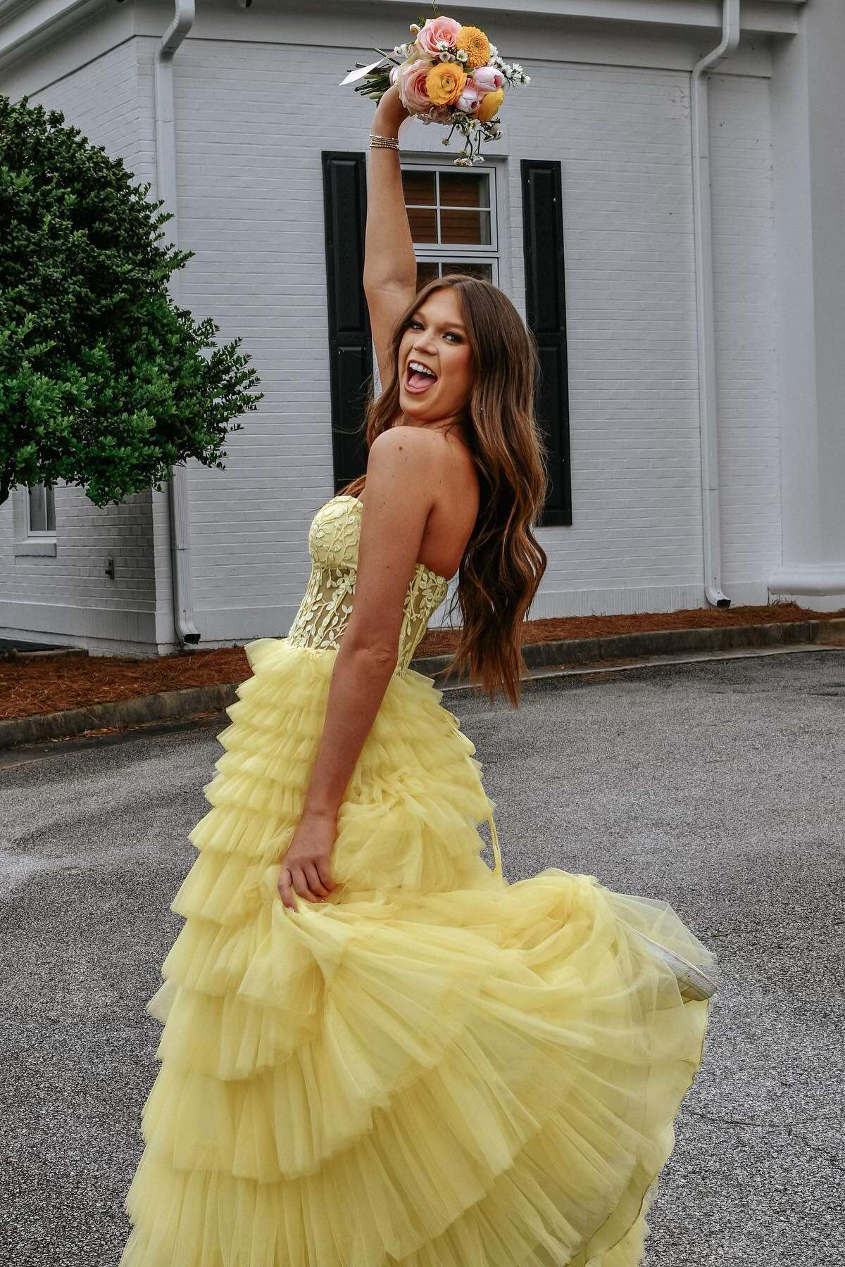 Strapless Yellow Appliques Ruffle Tiered Long Dress – PollyBoutique