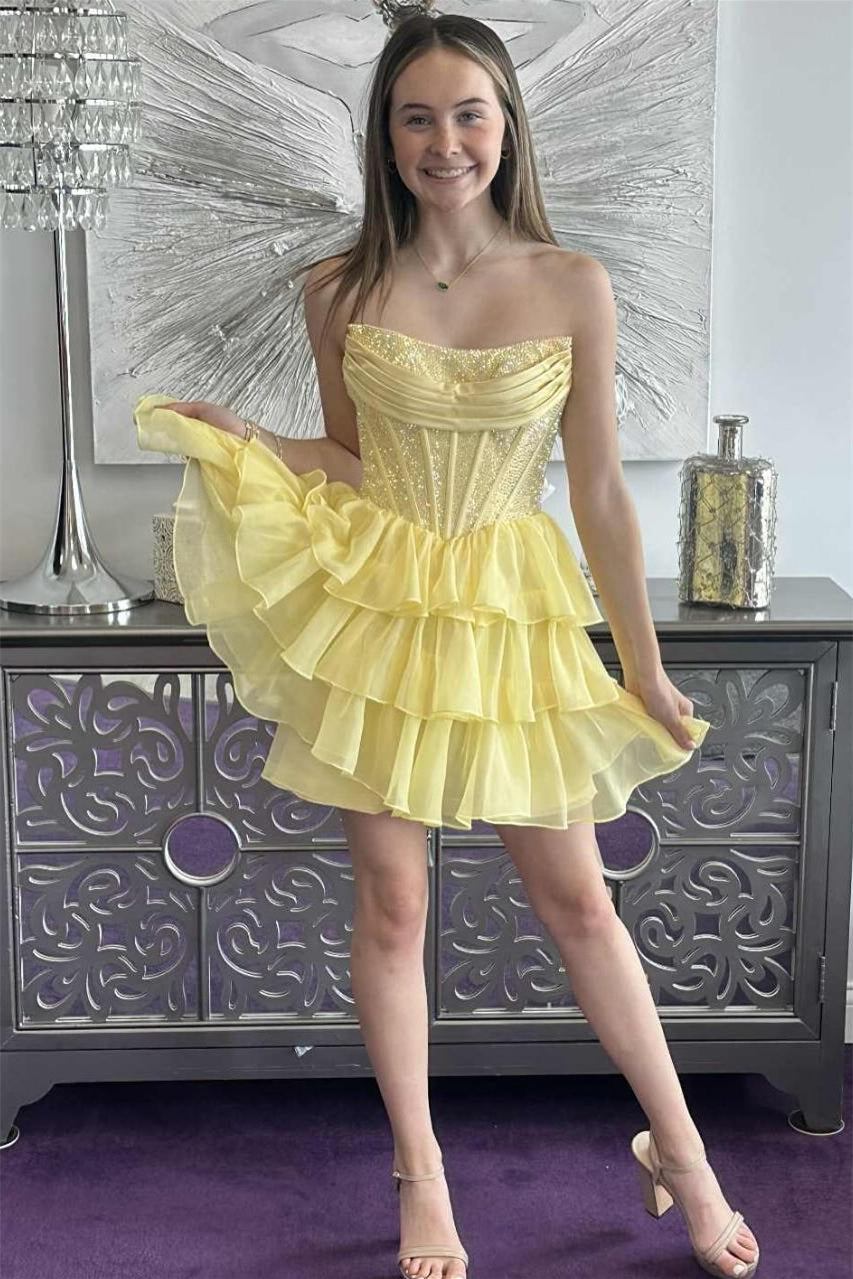 Strapless Yellow Beaded Tiered Short Dress – PollyBoutique
