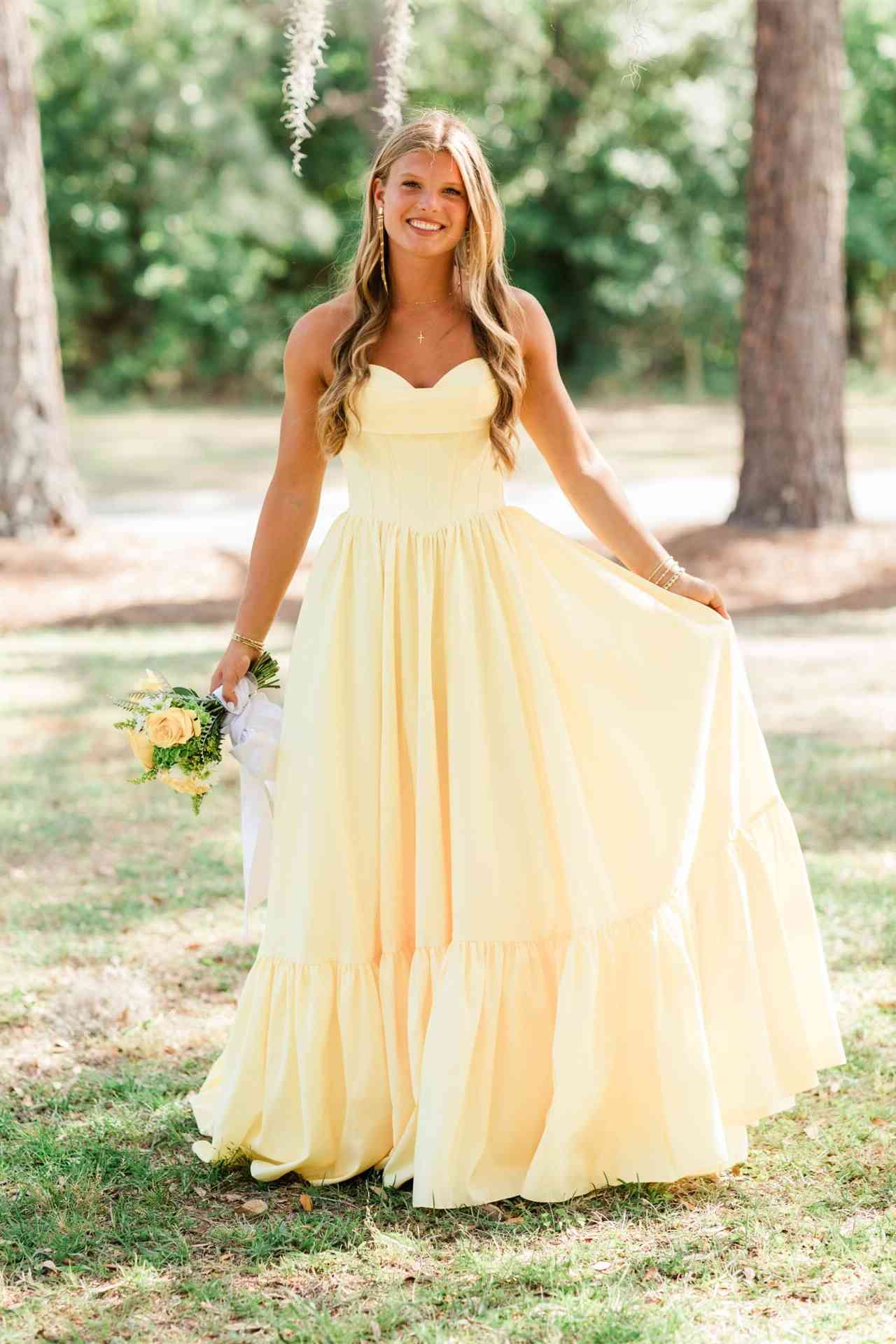 Strapless Yellow Ruffle A-line Long Dress – PollyBoutique