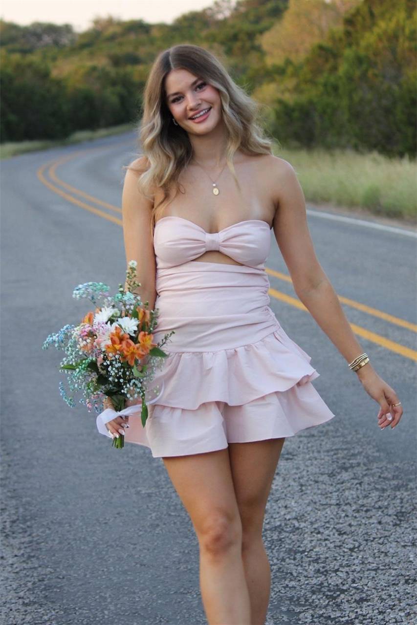 Strapless Light Pink Ruffle Tiered Short Dress – PollyBoutique