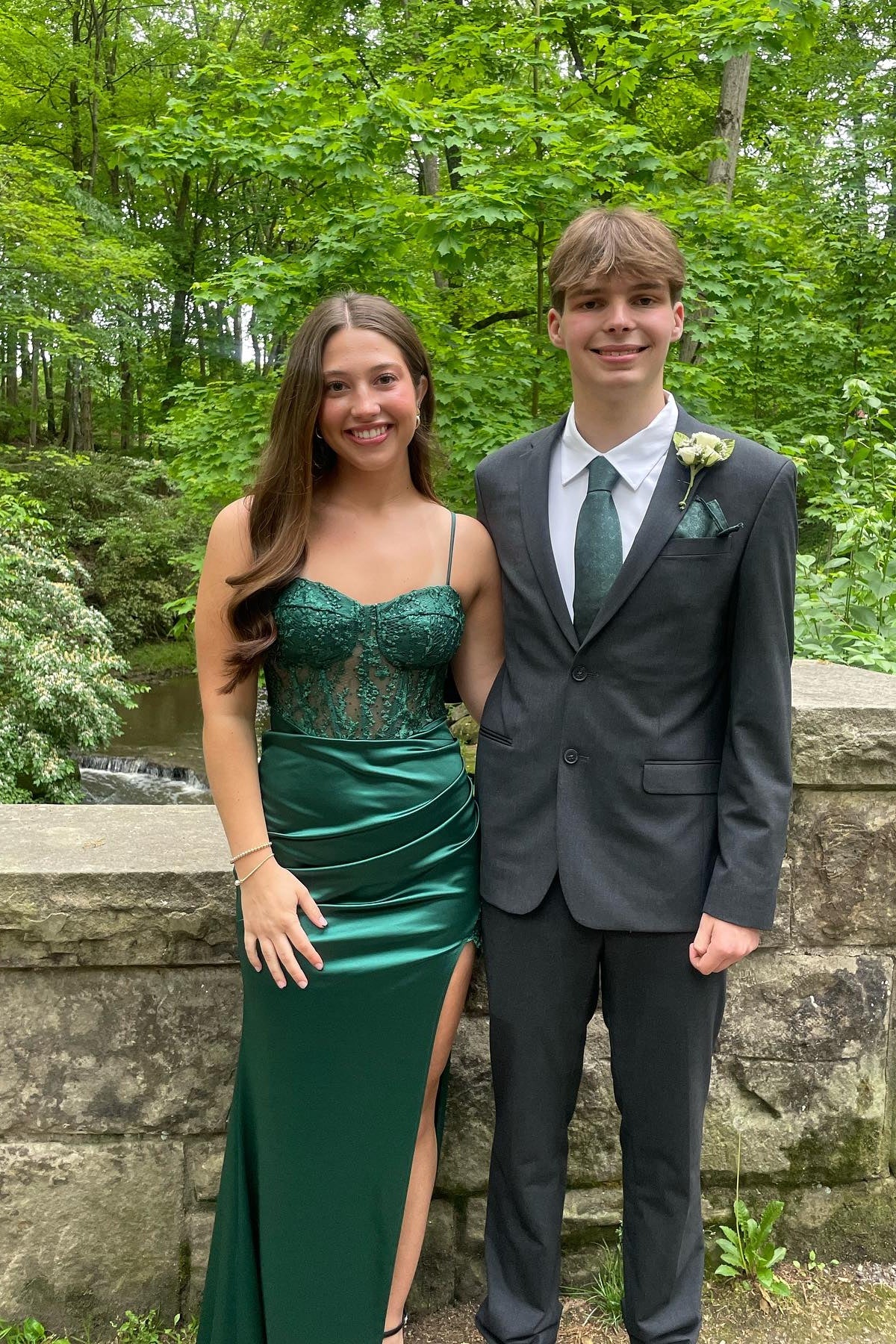 Straps Emerald Green Lace Mermaid Long Dress with Slit